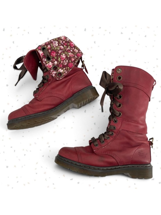 Dr. Martens Shoes - Dr. Martens Triumph Boots Red Oxblood Leather Pirate Fold Down Floral Boots US 9